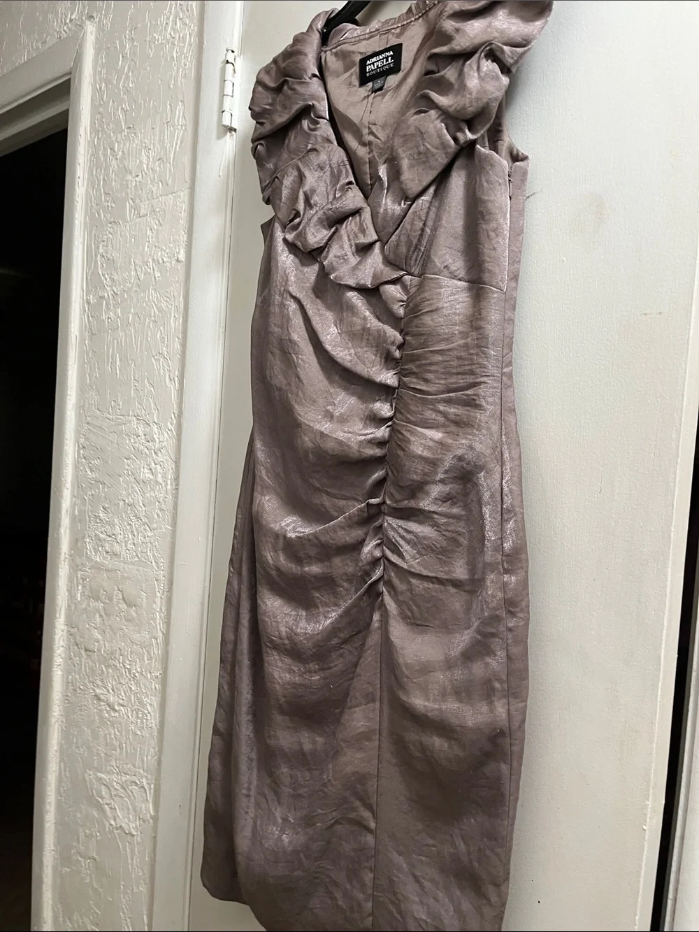 Metallic Taupe Ruffle-Front Midi Dress by Ruffian - Picture 1 of 2